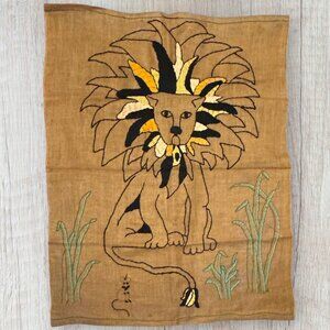 Burlap Lion & Mouse Fable Yarn Hanging Art Wall Decor Handmade Original Kindness